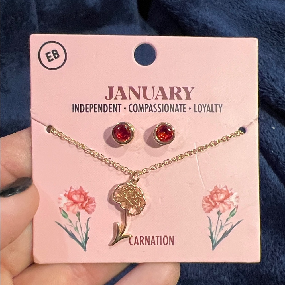 EARTHBOUND Gold-tone Carnation Pendant Necklace w/ Red Stone Studs January!
